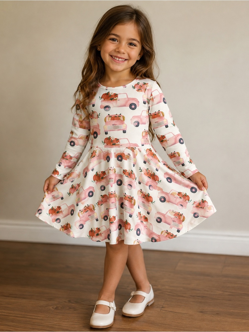 Girls' Cream Long-Sleeve Dress w Pumpkin & pink Truck Print Cottagecore